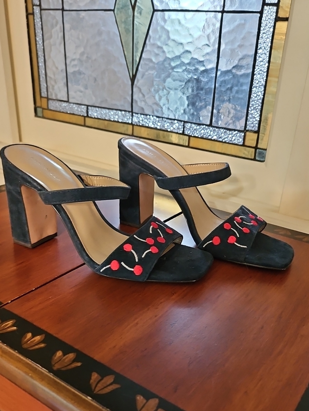 Ann Taylor Black Suede Block Heel Mules with Red Cherry Embroidery